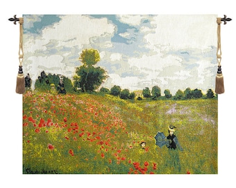 Poppies by Monet European Wall Tapestry - Landscape Decorative Wall Hanging - Unique Belgian Wall Tapestry - Floral Woven Wall Decor Art