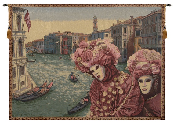 Venetian Carnival Tapestry: Italian Jacquard Woven Wall Hanging