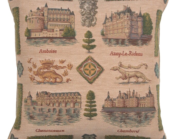 Loire Valley Castle Tapestry Pillow Cover: Woven French Gobelin Cushion Art Decor (19x19 inch)