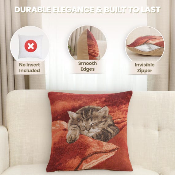 French Tapestry Cushion Cover: Sleeping Cat Pillow Case, 14x14 Inch