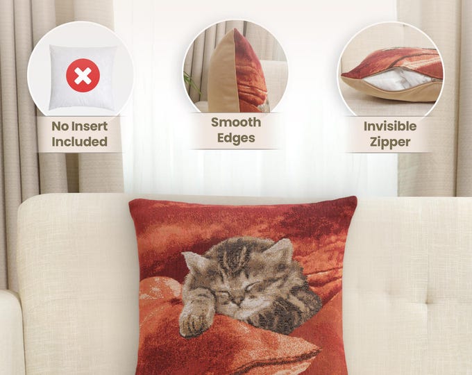 French Tapestry Cushion Cover: Sleeping Cat Pillow Case, 14x14 Inch