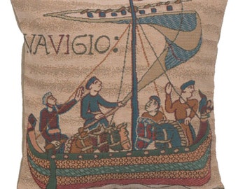 Bayeux The Boat French Tapestry Cushion Cover - Woven Cushion Cover - 14x14 inch Decorative Throw Pillow Cover - Cream Sofa Pillow Cover