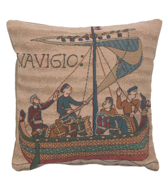 Bayeux Tapestry Cushion Cover: French Woven Boat Pillow, 14x14 inch