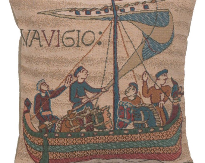Bayeux Tapestry Cushion Cover: French Woven Boat Pillow, 14x14 inch