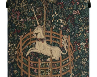 Unicorn In Captivity II Wall Tapestry Woven - Mille fleurs Background Decorative Wall Art - Unicorn Lover Woven Wall Hangings
