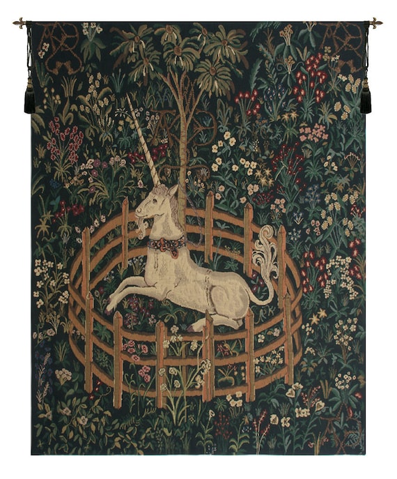 Unicorn in Captivity II Tapestry: Belgian Woven Mille Fleurs Wall Art