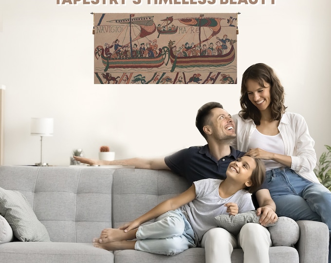 Bayeux Navigo Mare Medieval Woven Tapestry - Cream Landscape Wall Hanging for Home Decor