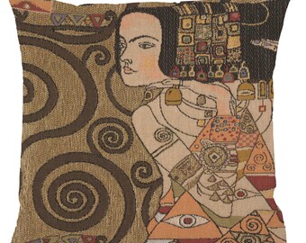 Klimt Or - L'Attente Tapestry Cushion Cover - Gobelin French Pillow Cover - Woven Sofa Cushion Cover - 18x18 inch Decorative Cushion Cover