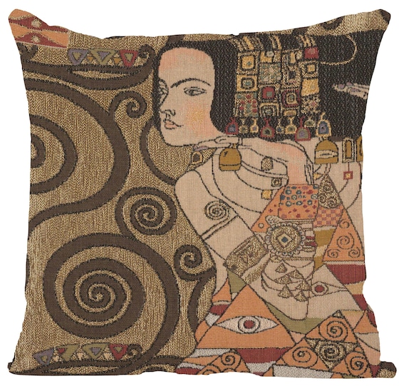 Klimt 'L'Attente' Tapestry Cushion Cover: French Gobelin Woven Pillow (18x18 inch)