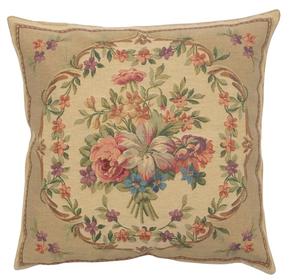 Floral Tapestry Pillow Cover: Beige Bouquet, Woven Cotton (18x18 inch)