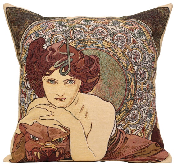 Mucha Emeraude Tapestry Cushion Cover: Art Nouveau Jacquard Pillow