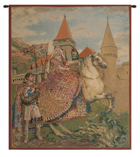 Sir Lancelot and Guinevere Tapestry: Medieval European Woven Wall Art