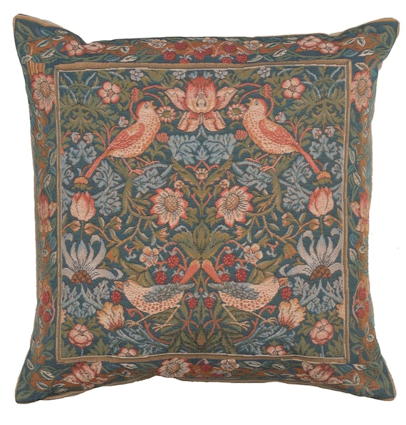 William Morris Tapestry Pillow Cover: Birds & Strawberry Thief Design (19x19 inch)