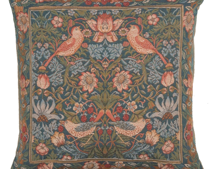 William Morris Tapestry Pillow Cover: Birds & Strawberry Thief Design (19x19 inch)