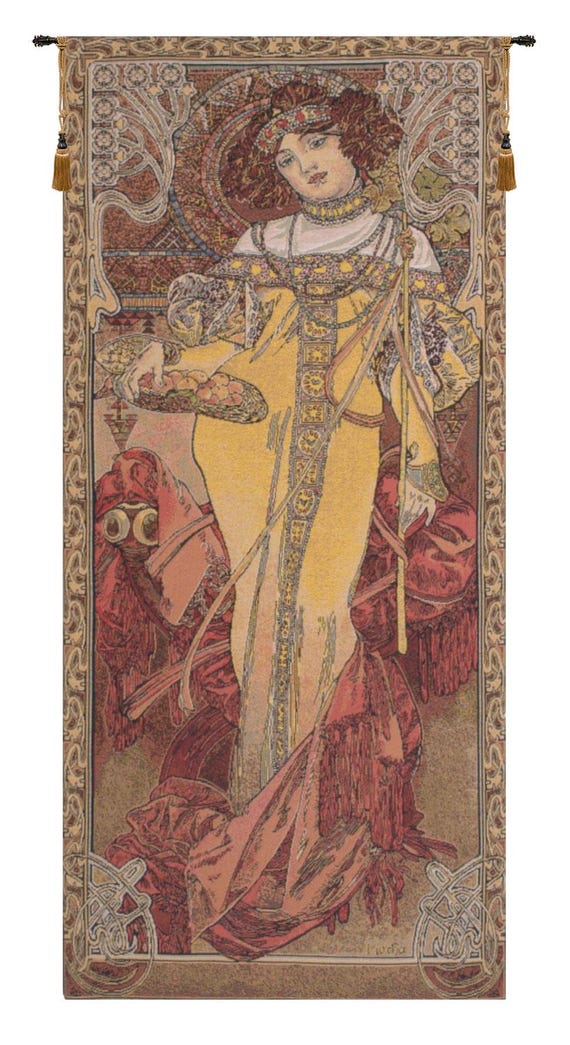 Mucha Autumn Tapestry: Art Nouveau Jacquard Woven Wall Hanging