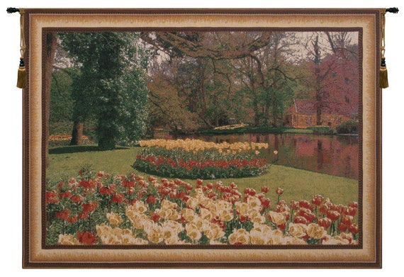 Keukenhof II European Woven Landscape Tapestry - Floral Garden Wall Hanging - Belgian Fine Art Decor