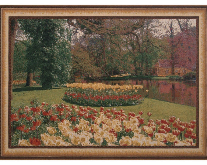 Keukenhof II European Woven Landscape Tapestry - Floral Garden Wall Hanging - Belgian Fine Art Decor