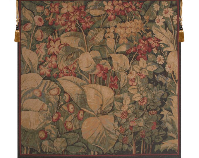 European Red Floral Aristoloches Tapestry - Medieval French Wall Hanging - Decorative Leaves Art Decor