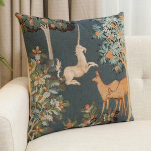 Enchanting Unicorn Forest Tapestry Cushion Cover - French Woven Decorative Pillow Case 19x19 inch image 1