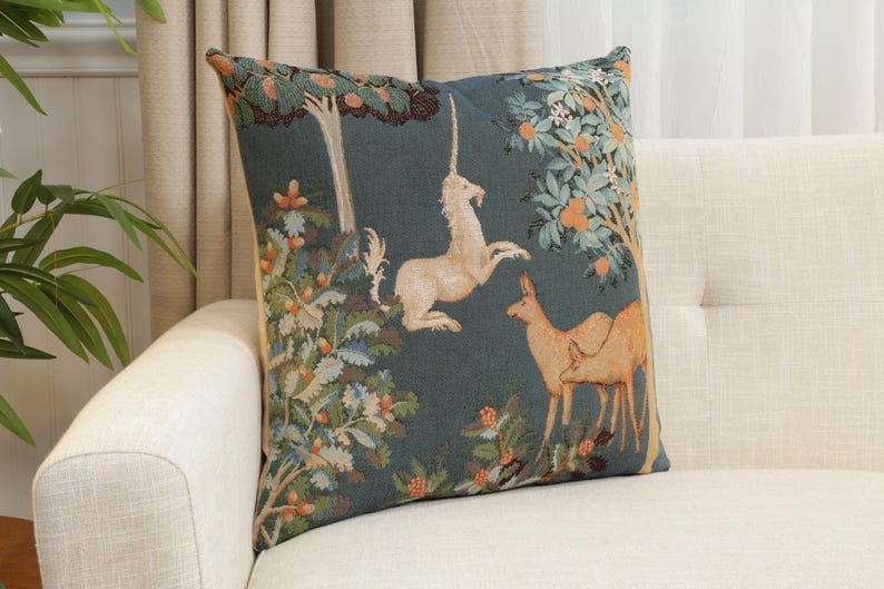 Enchanting Unicorn Forest Tapestry Cushion Cover - French Woven Decorative Pillow Case 19x19 inch image 1