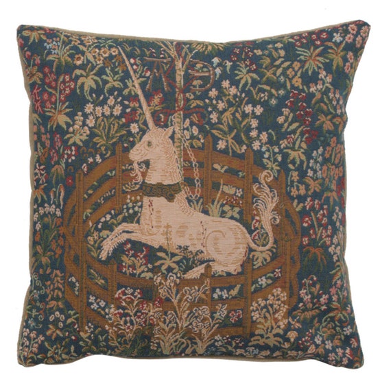 Unicorn Tapestry Cushion Cover: French Medieval Art Pillow (14x14 inch)