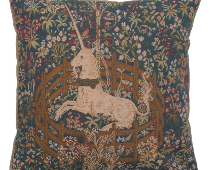 Unicorn Tapestry Cushion Cover: French Medieval Art Pillow (14x14 inch)