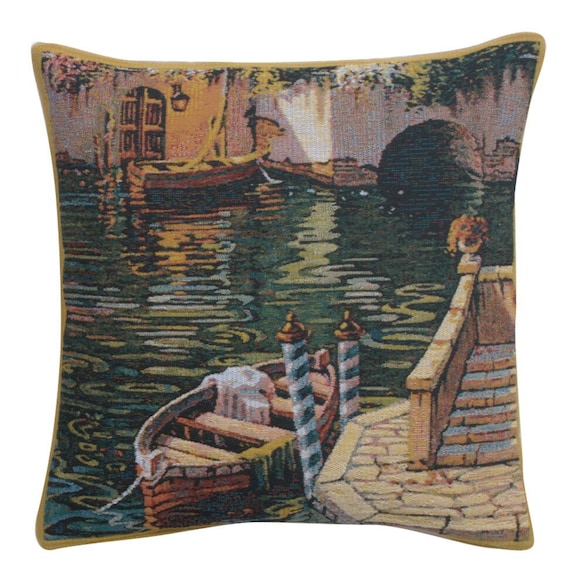 Lake Como Tapestry Pillow Cover: Italian Boat Scene (17x17 inch)