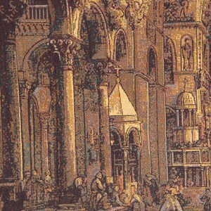 May include: A tapestry depicting a detailed scene inside a cathedral with intricate arches, columns, and stained glass windows. The tapestry features a group of people gathered in the center of the cathedral, with a golden altar in the background.
