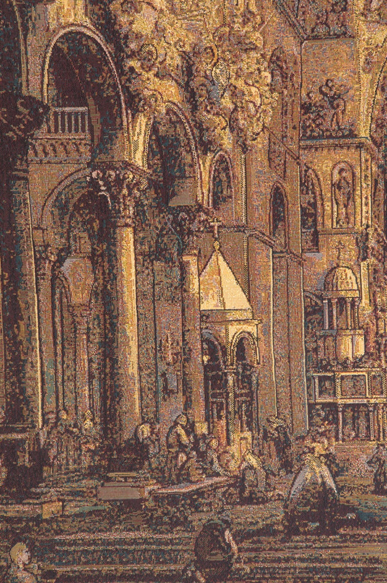 May include: A tapestry depicting a detailed scene inside a cathedral with intricate arches, columns, and stained glass windows. The tapestry features a group of people gathered in the center of the cathedral, with a golden altar in the background.