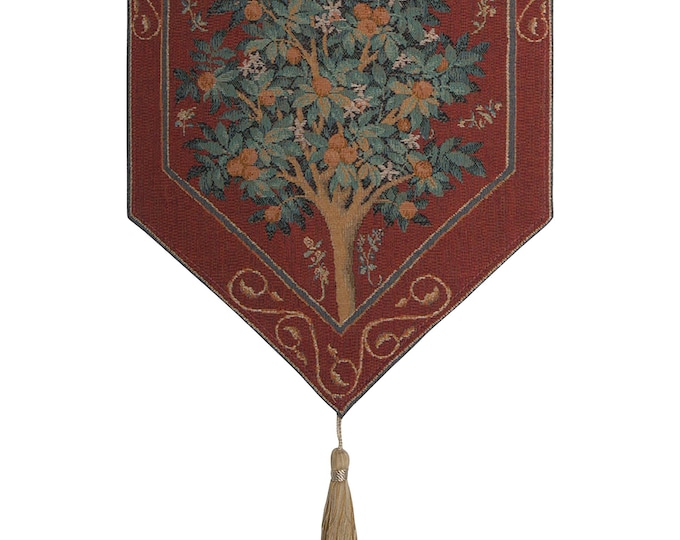 Orange Tree Tapestry Table Runner: Medieval Unicorn Design, Woven in France