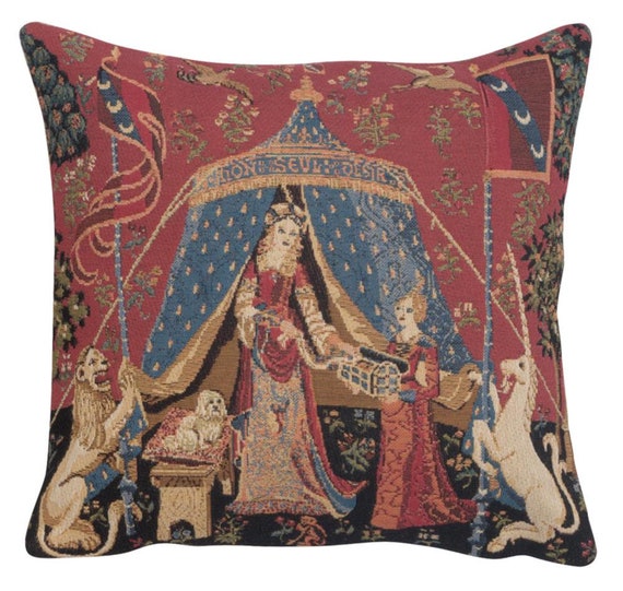 Lady and Unicorn Tapestry Cushion Cover: Medieval Art Pillow (14x14)