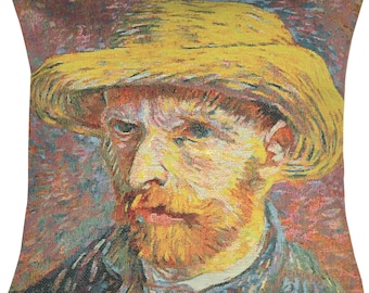Belgian Woven Cushion Covers - 14x14 inch - Van Gogh’s Self Portrait Straw Hat - Belgian Wall Tapestry - Decorative Couch Pillow Cover