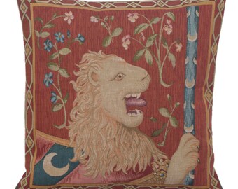 Le Lion Medieval Tapestry Cushion Cover 19x19 inch – Woven Gobelin Pillow Cover – Red Decorative Throw Pillows Case for Couch