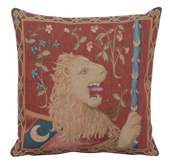 Lion Tapestry Pillow Cover: Medieval Woven Throw Pillow, 19x19 inch