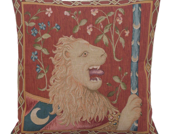 Lion Tapestry Pillow Cover: Medieval Woven Throw Pillow, 19x19 inch