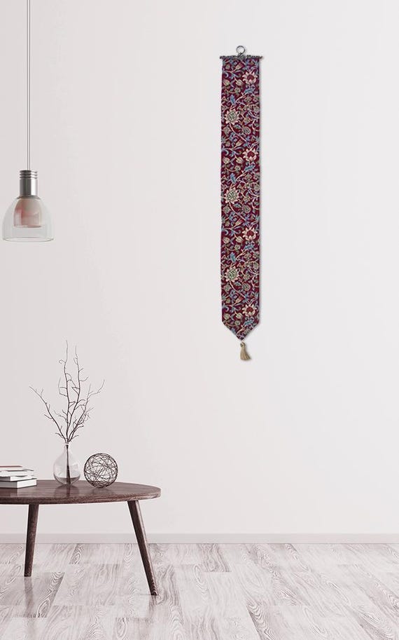 William Morris Tapestry Bell Pull: Floral Jacquard Wall Hanging, Red Fleurs de Morris