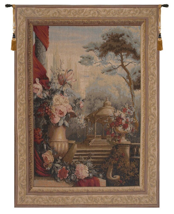 Floral Gazebo Tapestry: French Woven Wall Art (57x41 inch)