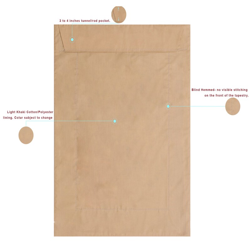 Op de afbeelding: Een licht kaki tapestry met een tunnelstokzak en blinde zoom. De voering is licht kaki katoen/polyester. De tekst op de afbeelding zegt dat de kleur kan veranderen. De tunnelstokzak is 7,6 tot 10,2 cm.