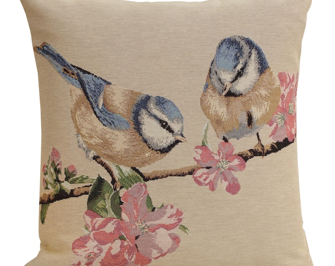 Bluebird Tapestry Cushion Cover, Floral Bird Pillow (18x18 inch)