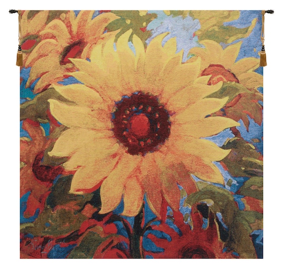 Simon Bull Sunflower Tapestry: Belgian Floral Wall Hanging (37x37 inch)