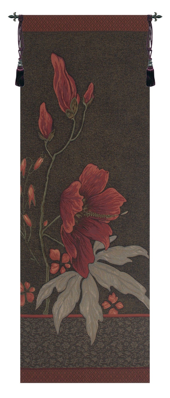 Red Floral Wall Tapestry: Dark Althea, Woven French Decor (78x28 inch)