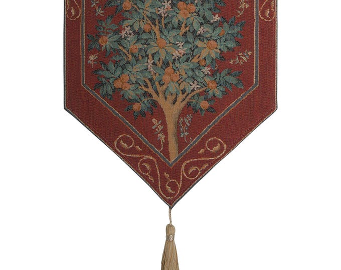 Orange Tree Tapestry Table Runner: Medieval Unicorn Design, Woven in France