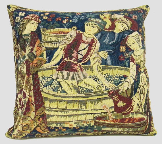 Medieval Tapestry Pillow Cover: Belgian Woven Jacquard, Grape Harvest Scene (14x14 inch)