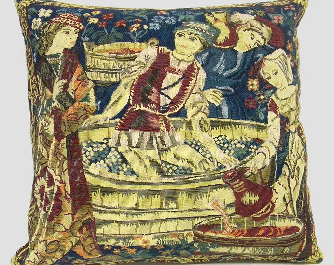 Medieval Tapestry Pillow Cover: Belgian Woven Jacquard, Grape Harvest Scene (14x14 inch)