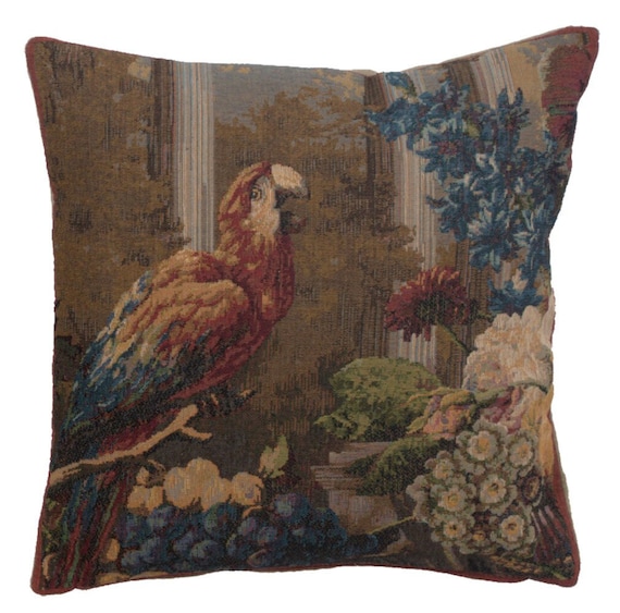 French Parrot Tapestry Pillow Cover: Woven Jacquard Bird & Floral Cushion (19x19 inch)