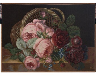Silk Basket of Flowers Black European Wall Tapestry - Colorful Floral Wall Art - Floral Decorative Wall Hanging - Woven French Wall Tapestry