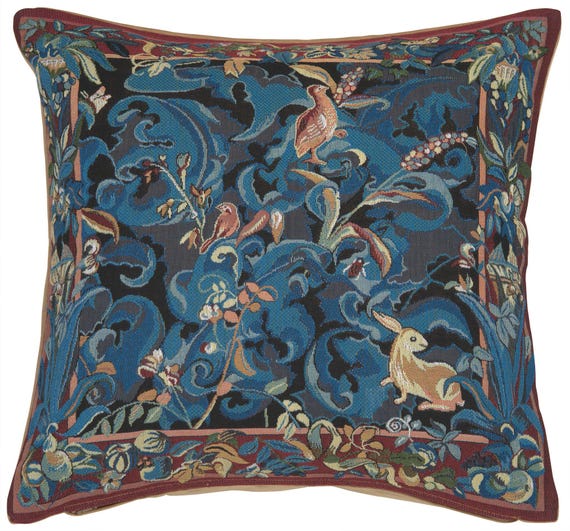Jacquard Woven Cushion Cover: Aristoloches Blue Animals, Vines (19x19 inch)