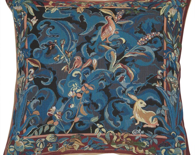 Animals with Aristoloches Blue Cushion Cover | Jacquard Woven in France | 19x19 inch Charming Vines Leaves, and Animals Throw Pillow Cover