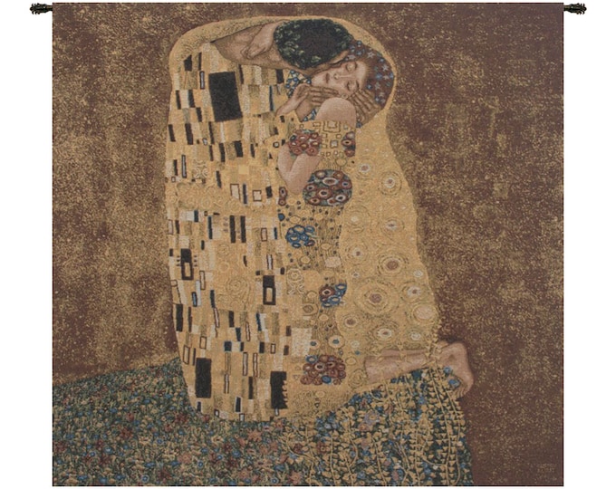Gustav Klimt's Kiss European Wall Tapestry - Woven Jacquard Art Hanging for Bedroom Decor