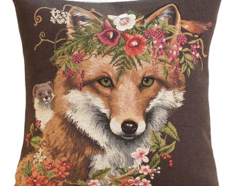 Belgian Jacquard Fox Cushion Cover, Forest Animals Tapestry Pillow, 18x18 Inch